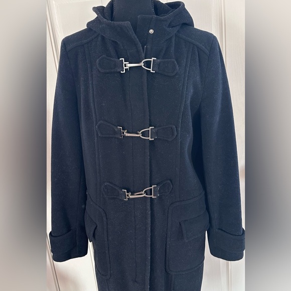 Kenneth Cole Reaction Black Peacoat with Metal Toggle Closures, Zipper, Hood, 8 - Picture 3 of 10